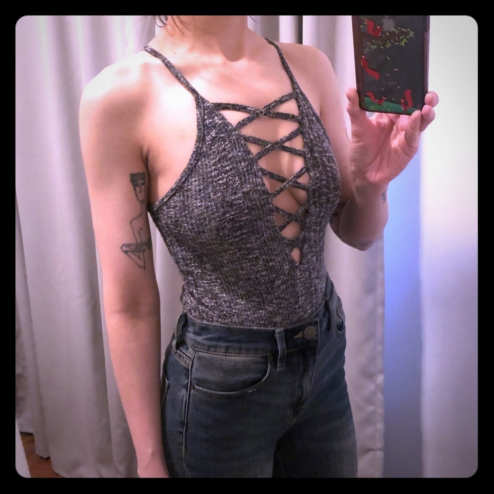 Express | Gray Sweater Deep Plunge Bodysuit